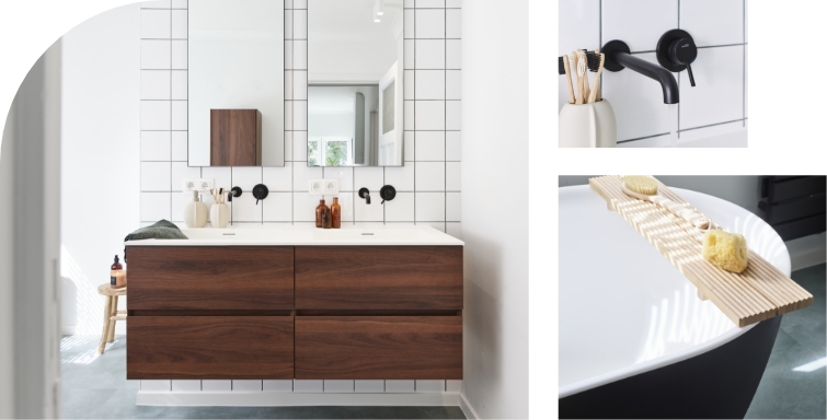 Moderne skandinavische Badezimmereinrichtung von x²o Badezimmer mit schwebendem Badmöbel aus Holz, Doppelwaschbecken, schwarzen Wandarmaturen, weißen Wandfliesen und minimalistischem Stil.