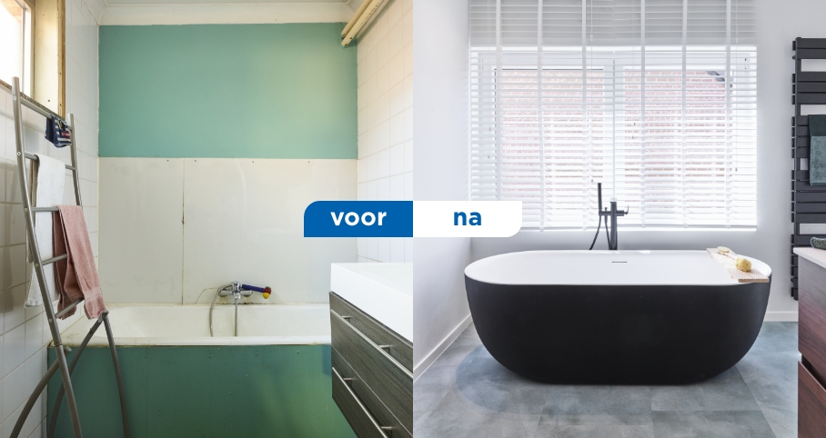 Vorher-Nachher-Foto einer Badrenovierung von x²o Badezimmer, bei der ein veraltetes Bad mit grünen und weißen Fliesen in ein modernes skandinavisches Badezimmer mit freistehender schwarzer Badewanne, hellem Boden und klarem Design verwandelt wurde.