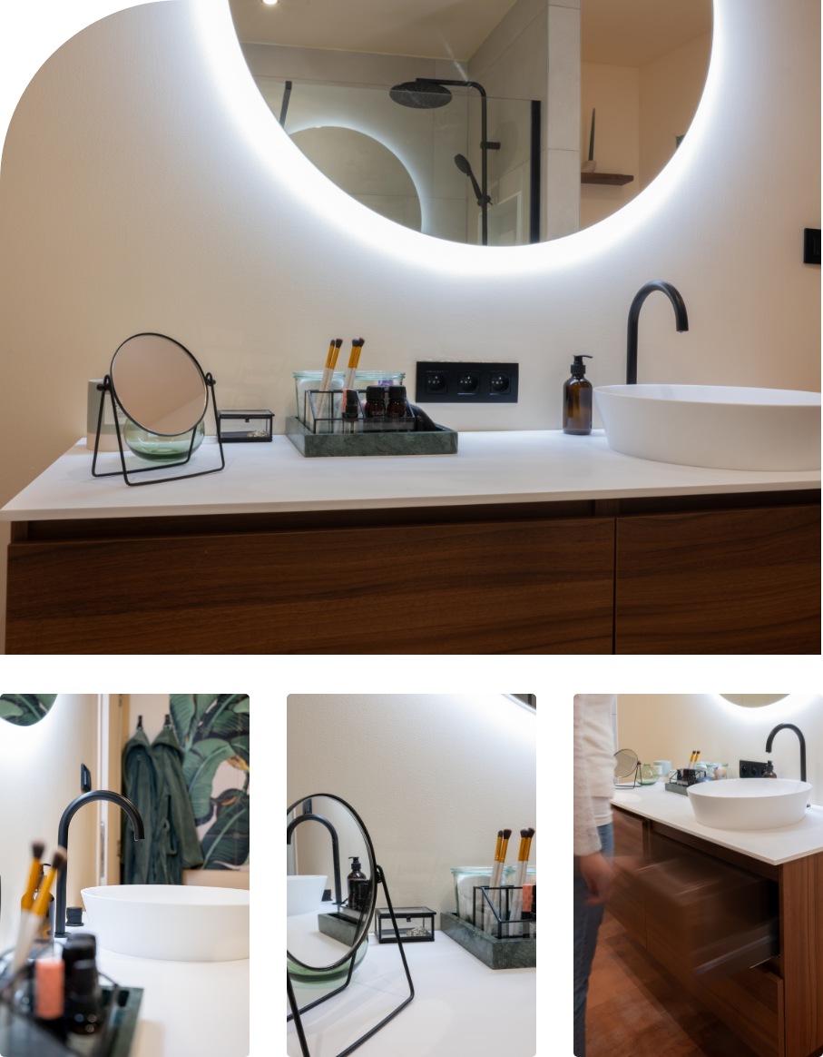 Collage eines renovierten Badezimmers von x²o Badezimmer mit Fokus auf schwarze Duscharmaturen, Waschtischarmaturen und minimalistisches Design.