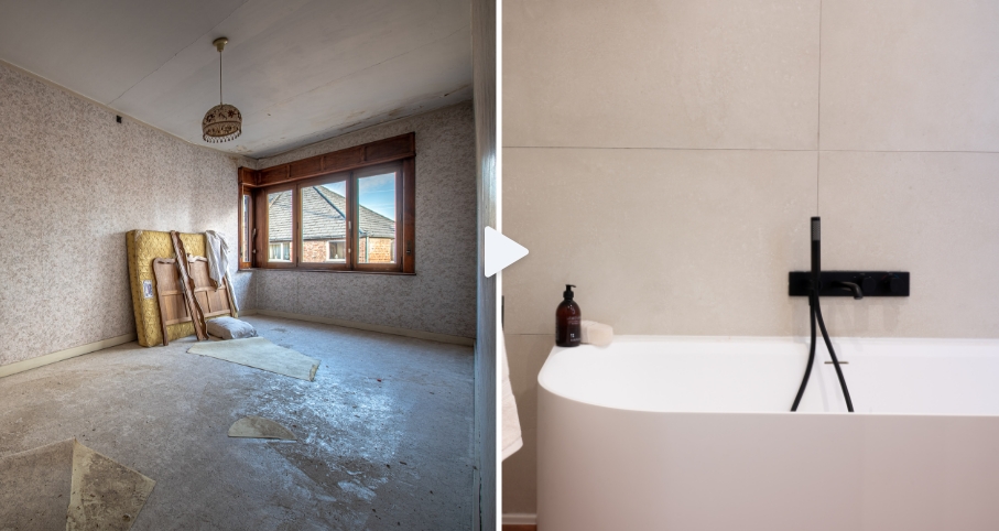 Vorher-nachher-Bild einer Badrenovierung von x²o Badezimmer. Links ein altes Bad, rechts eine moderne Walk-in-Dusche mit schwarzen Profilen und hochwertiger Verarbeitung.