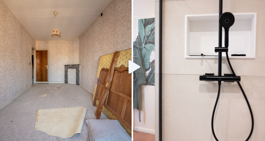 Vorher-nachher-Vergleich einer Badrenovierung von x²o Badezimmer. Links ein veraltetes Bad mit unruhigem Erscheinungsbild, rechts ein modernes Bad mit schwarzen Möbeln, klarer Gestaltung und hellem Boden.