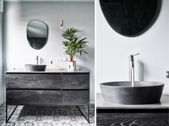 Moderne, elegante Armaturen von x²o Badezimmer in schwarzer Ausführung, passend zu einem luxuriösen dunklen Badkonzept.