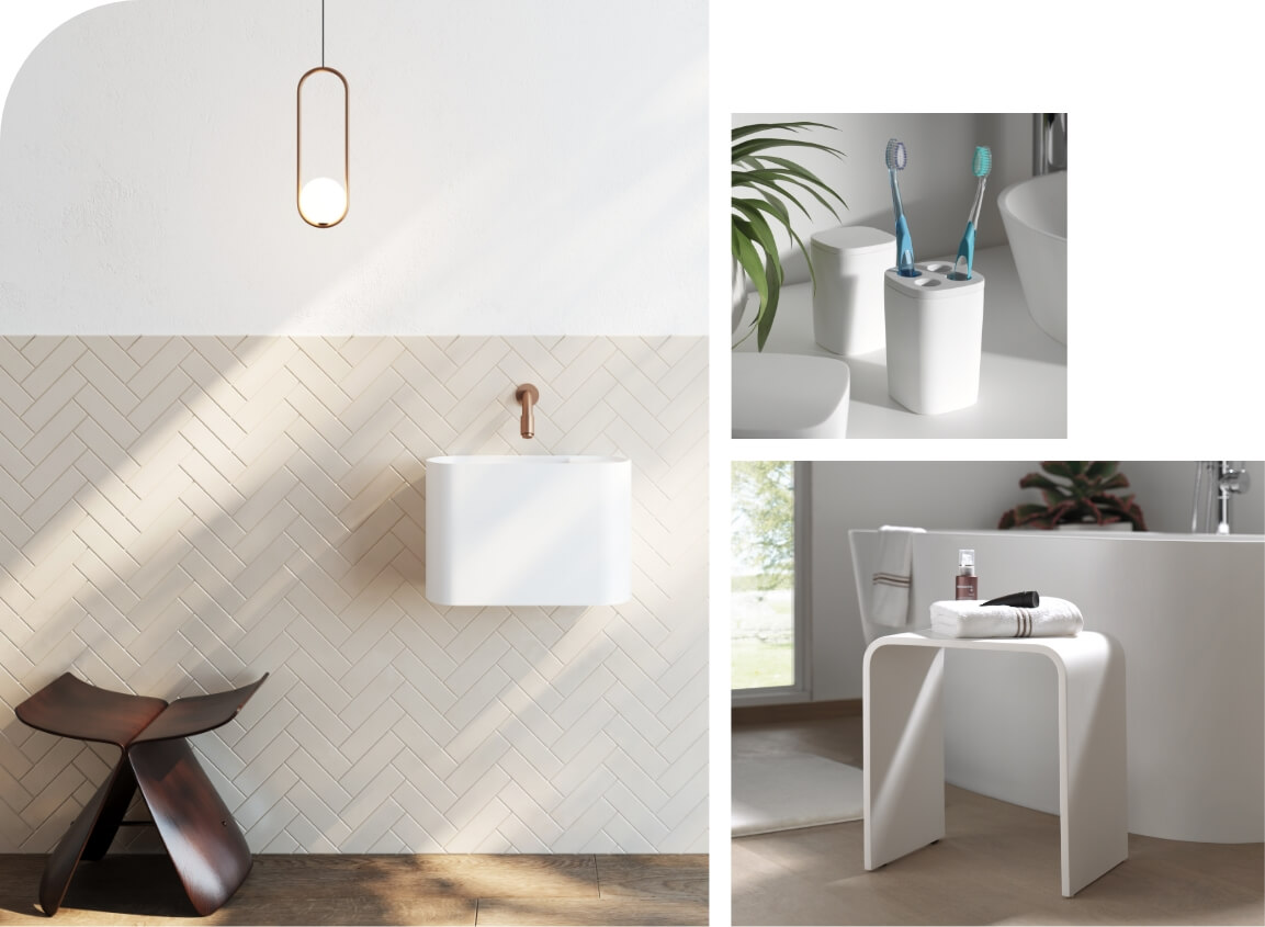 Solid-Surface-Accessoires in einem modernen Badezimmer von x²o Badezimmer, mit einem weißen Zahnbürstenhalter, Seifenspender und Becher auf einem schlichten Waschtisch mit matter Oberfläche und abgerundeten Formen.