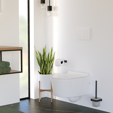 Moderne hangtoilet in een lichte badkamer met zwarte accessoires zoals toiletrolhouder en borstel, gecombineerd met een groene plant. De onderhoudsvriendelijke toiletopstelling illustreert praktische badkameroplossingen van x²o badkamers.