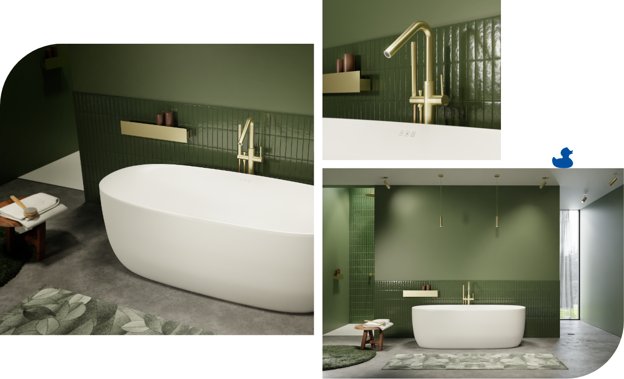 Présentation élégante de la baignoire Bolla de x²o salles de bains dans une salle de bains spacieuse aux tons verts. La baignoire blanche îlot est mise en valeur avec des robinetteries dorées, des carreaux verts et un tapis décoratif à motifs végétaux.