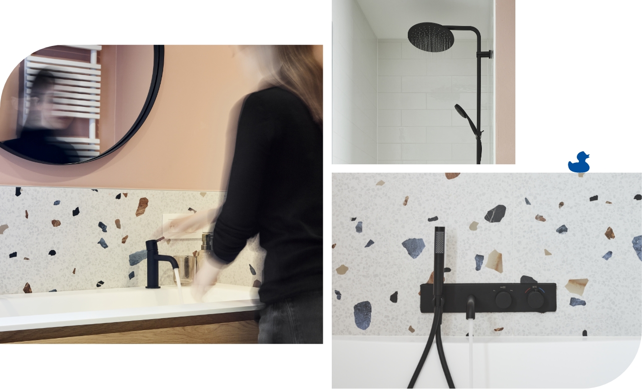 Modernes Badezimmer mit wassersparender Waschtischarmatur über einer weißen Waschschale als nachhaltige Lösung von x²o Badezimmer.