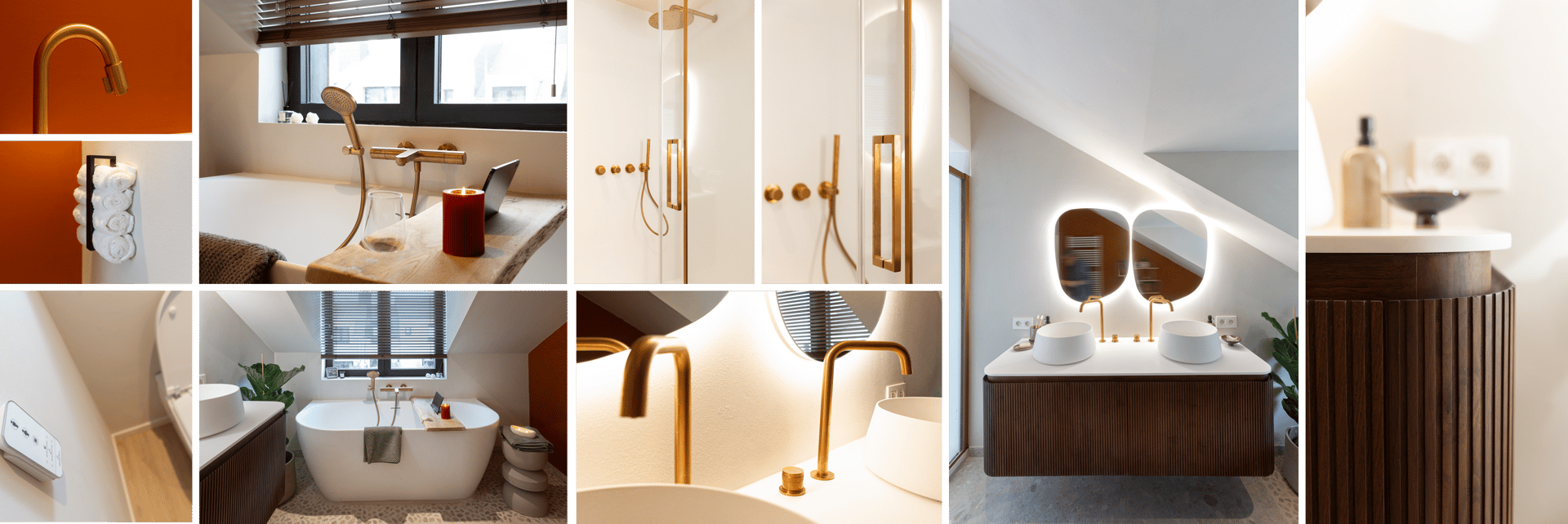 Collage eines x²o Badezimmer-Interieurs mit Details einer freistehenden Badewanne, beleuchtetem Waschbecken, goldenen Armaturen, oranger Wand und Duschbereich.