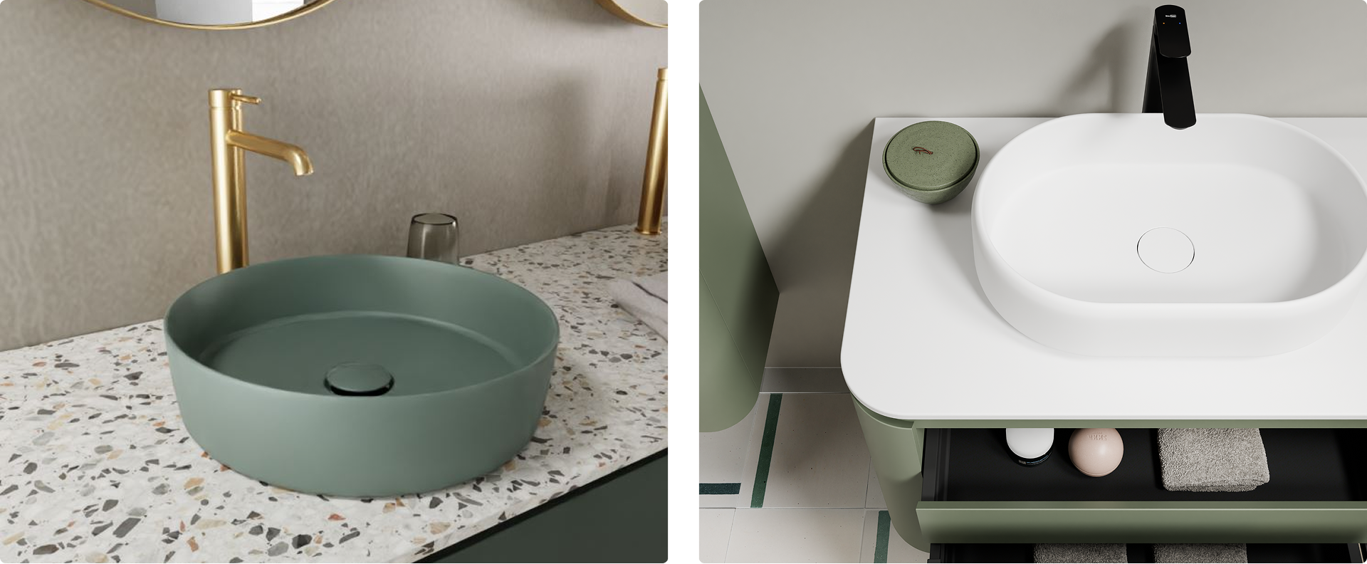 Badezimmer mit grünen, abgerundeten Möbeln, weißem Waschbecken, ovalem Spiegel und schwarzen Akzenten. Botanisches Flair von x²o badkamers.