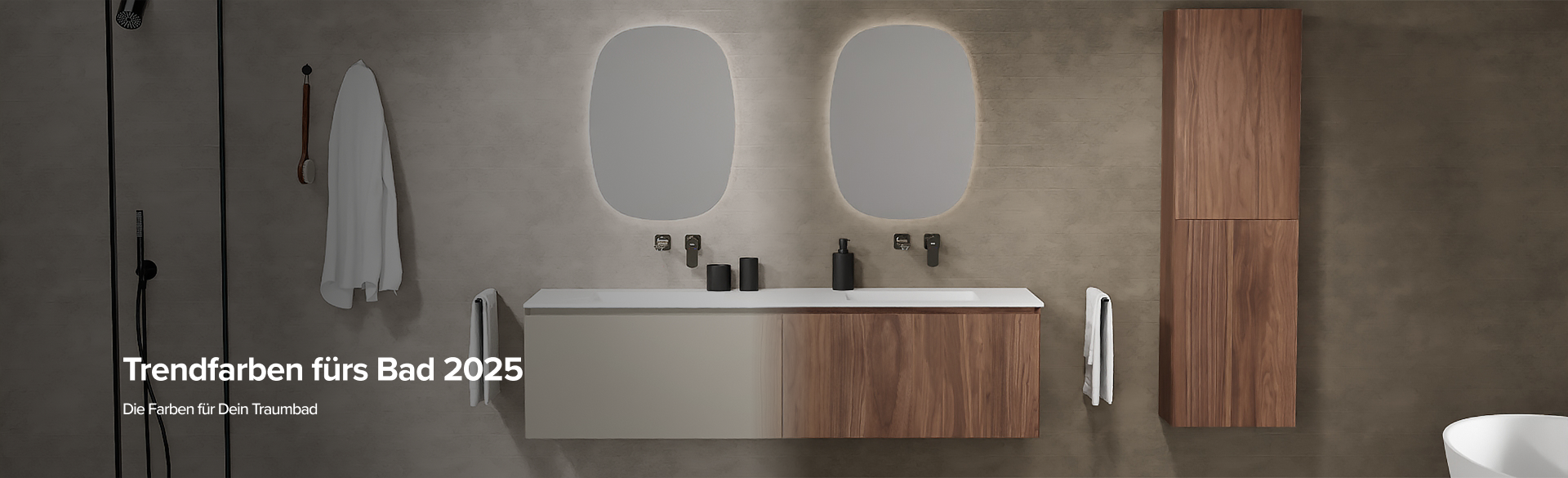 Trendiges Badezimmer in Erdtönen mit minimalistischem Hängeschrank, asymmetrischen Spiegeln mit sanfter Beleuchtung und Holzhochschrank. Schwarze Details in der Dusche und bei den Accessoires verleihen dem Raum einen modernen Touch. Zukunftsorientiertes Design von x²o badkamers für 2025.
