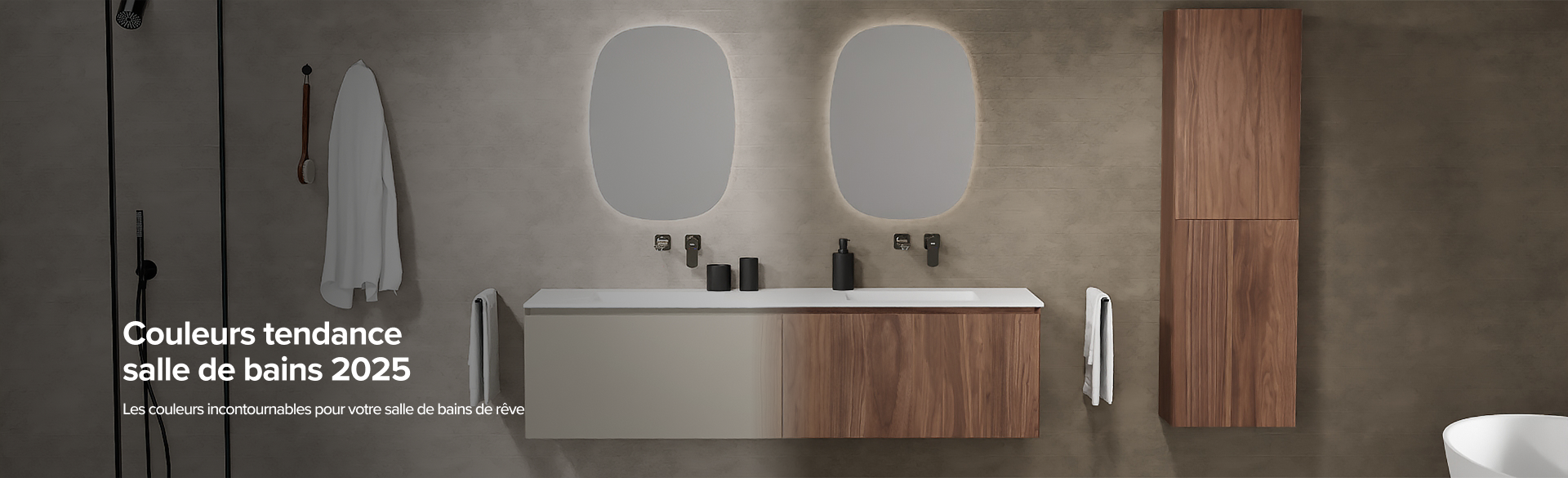 Salle de bain tendance aux tons terre, avec meuble suspendu minimaliste, miroirs asymétriques rétroéclairés et colonne en bois. Les détails noirs dans la douche et les accessoires ajoutent une touche contemporaine. Un design visionnaire de x²o badkamers pour 2025.
