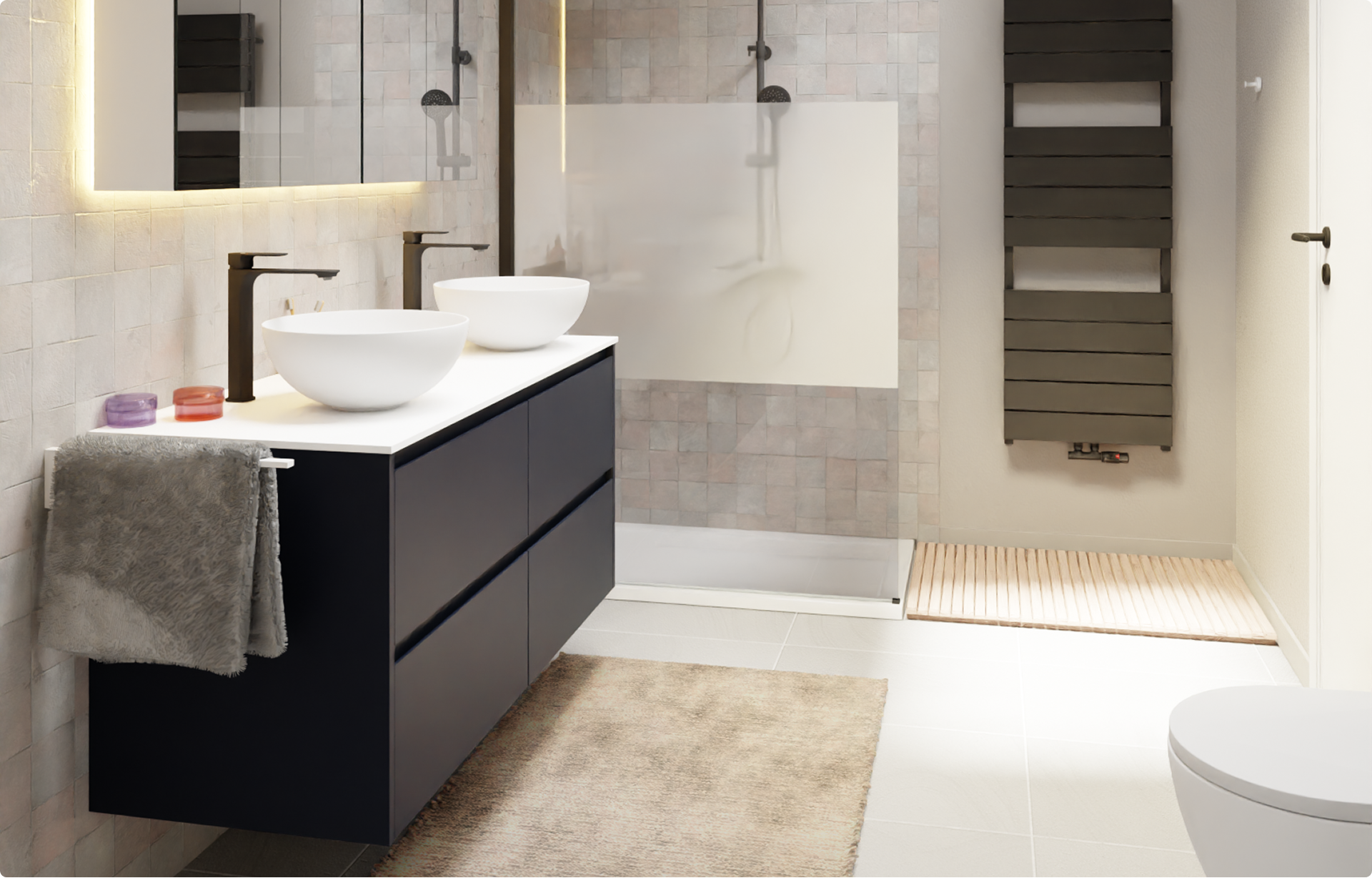 ruime badkamer met matzwart meubel, dubbele witte waskom, betegelde muren en inloopdouche. Slim ontwerp van x²o badkamers.