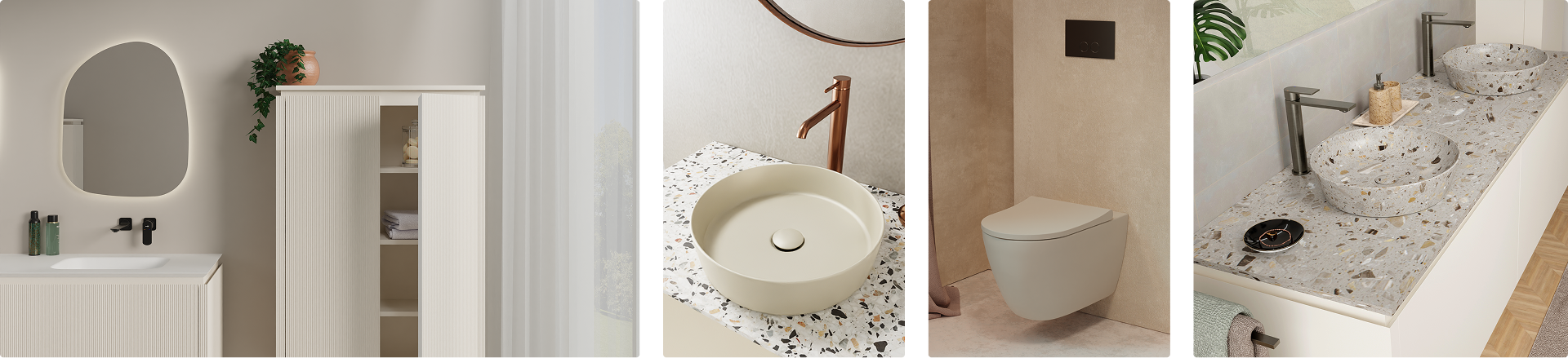 Samenstelling van verschillende x²o badkamers interieurs in warme neutrale tinten. Linkerbeeld toont een licht geribbeld meubel met spiegel en zwarte kraan, gevolgd door close-ups van een beige opzetwaskom, een lichtgrijs toilet en twee terrazzo waskommen op een wit meubel. Perfecte harmonie van rust en stijl.
