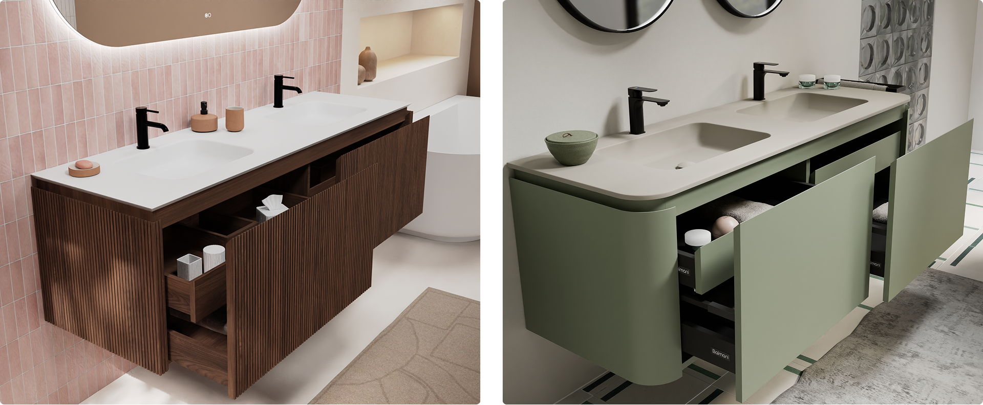 Badkamer in pastelstijl met roze tegels, donker houten meubel, zwarte kranen en geïntegreerde dubbele waskom. Een zachte creatie van x²o badkamers.