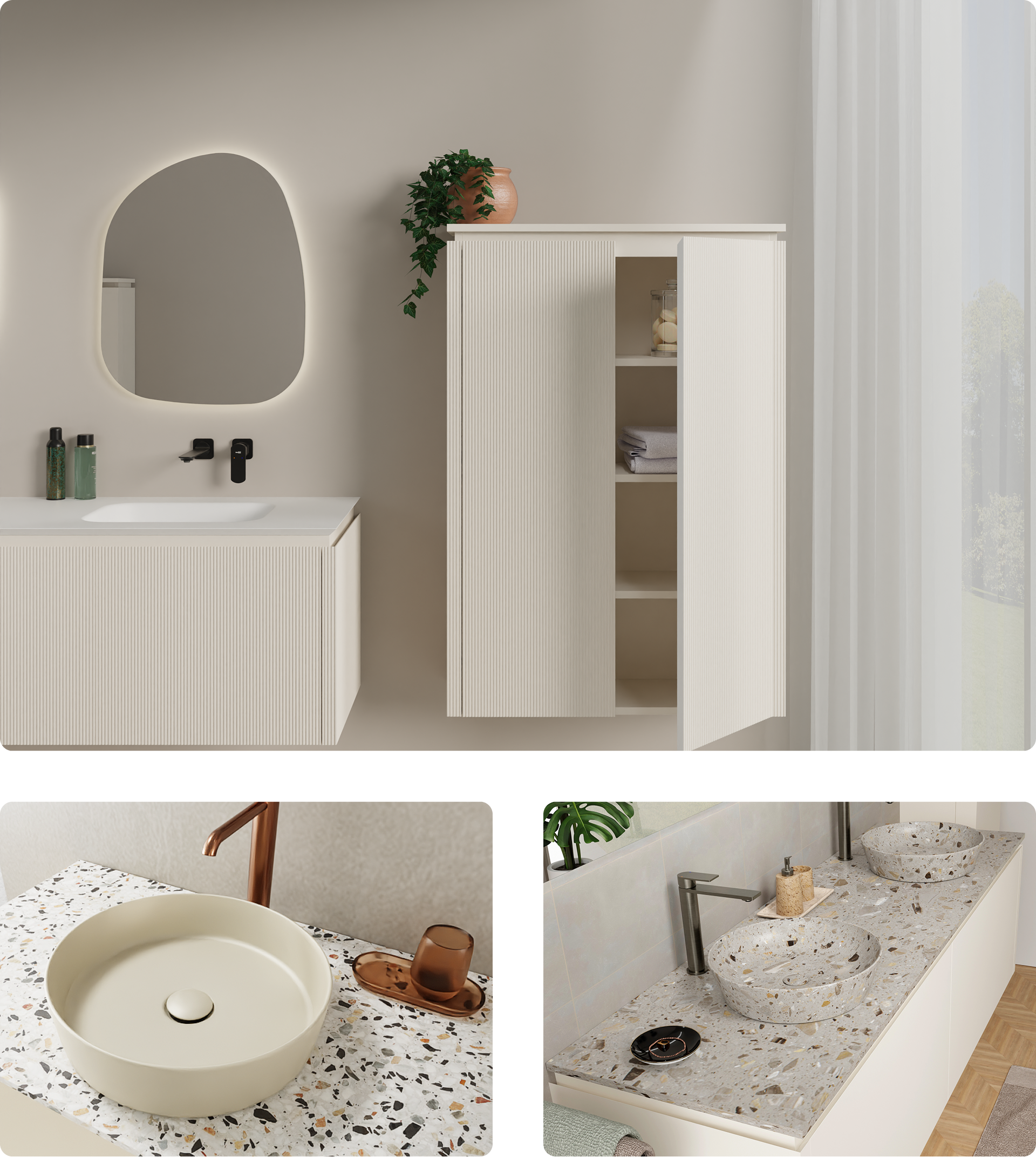 Komposition verschiedener x²o Badezimmer in warmen neutralen Farbtönen. Links ein hell geriffeltes Möbel mit Spiegel und schwarzer Armatur, daneben Detailaufnahmen eines beigen Aufsatzbeckens, einer hellgrauen Toilette und zweier Terrazzo-Waschschalen auf einem weißen Möbel. Perfekte Balance aus Ruhe und Stil.