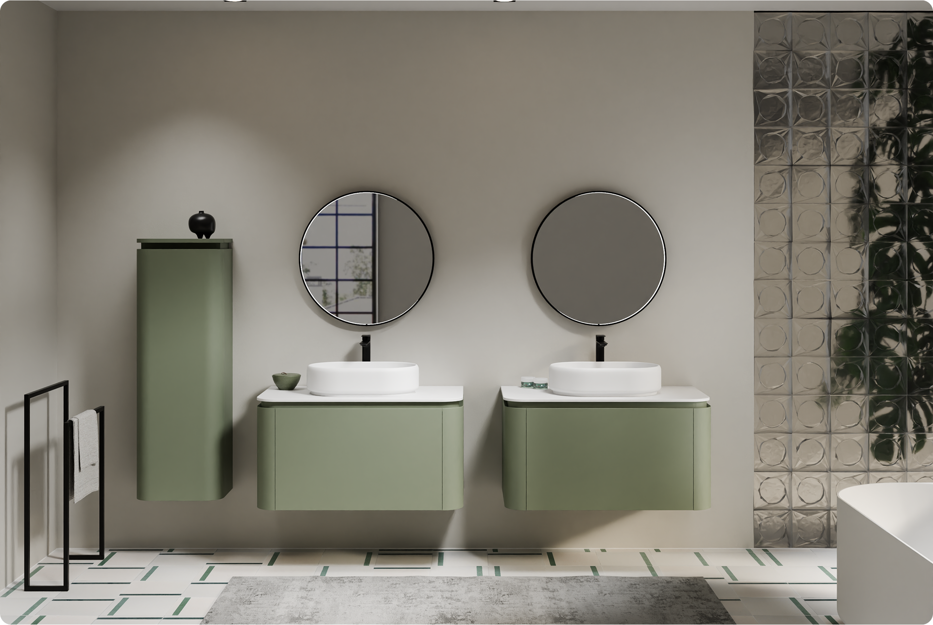 Badezimmer mit grünen, abgerundeten Möbeln, weißem Waschbecken, ovalem Spiegel und schwarzen Akzenten. Botanisches Flair von x²o badkamers.