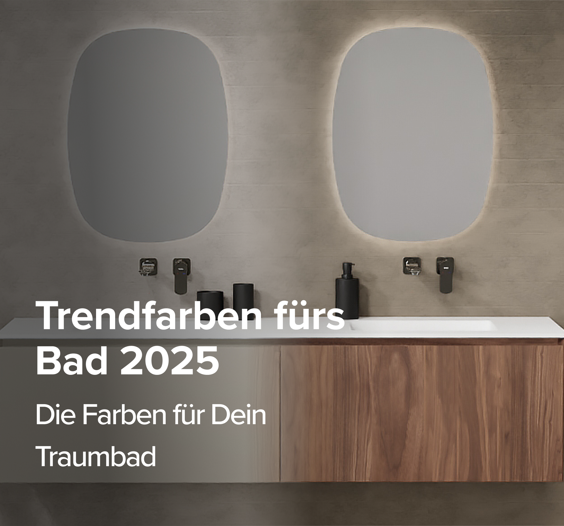 Trendiges Badezimmer in Erdtönen mit minimalistischem Hängeschrank, asymmetrischen Spiegeln mit sanfter Beleuchtung und Holzhochschrank. Schwarze Details in der Dusche und bei den Accessoires verleihen dem Raum einen modernen Touch. Zukunftsorientiertes Design von x²o badkamers für 2025.