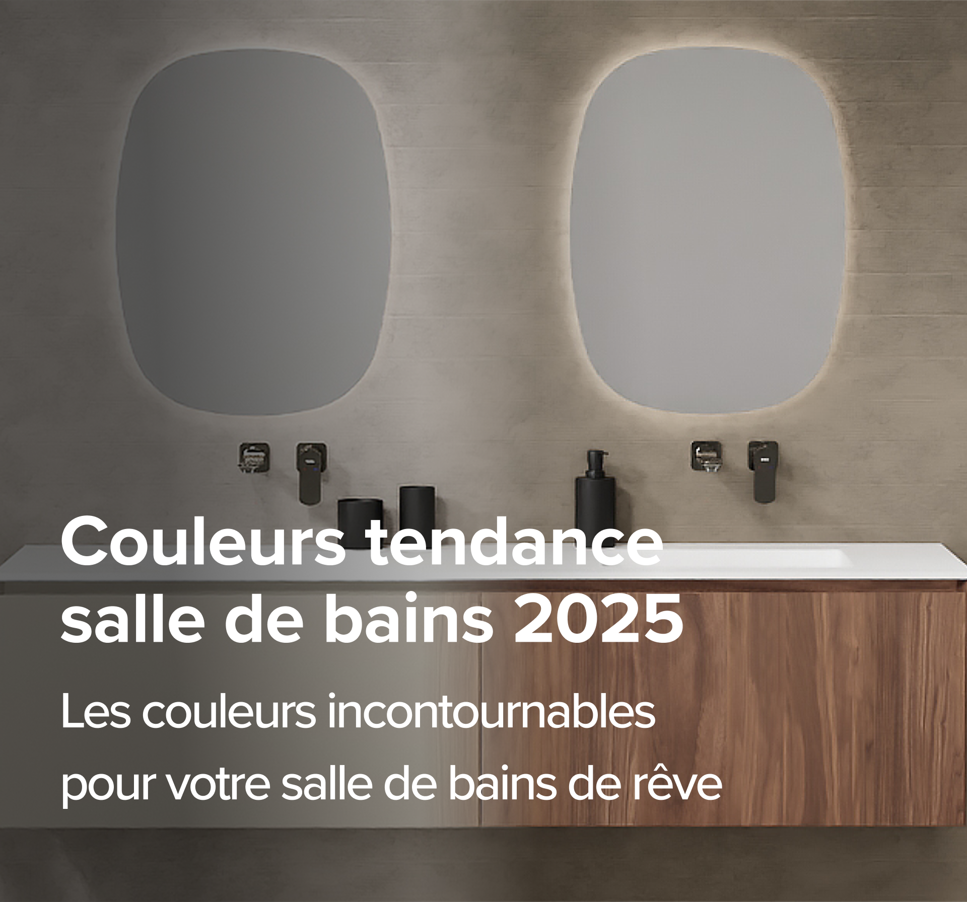 Salle de bain tendance aux tons terre, avec meuble suspendu minimaliste, miroirs asymétriques rétroéclairés et colonne en bois. Les détails noirs dans la douche et les accessoires ajoutent une touche contemporaine. Un design visionnaire de x²o badkamers pour 2025.
