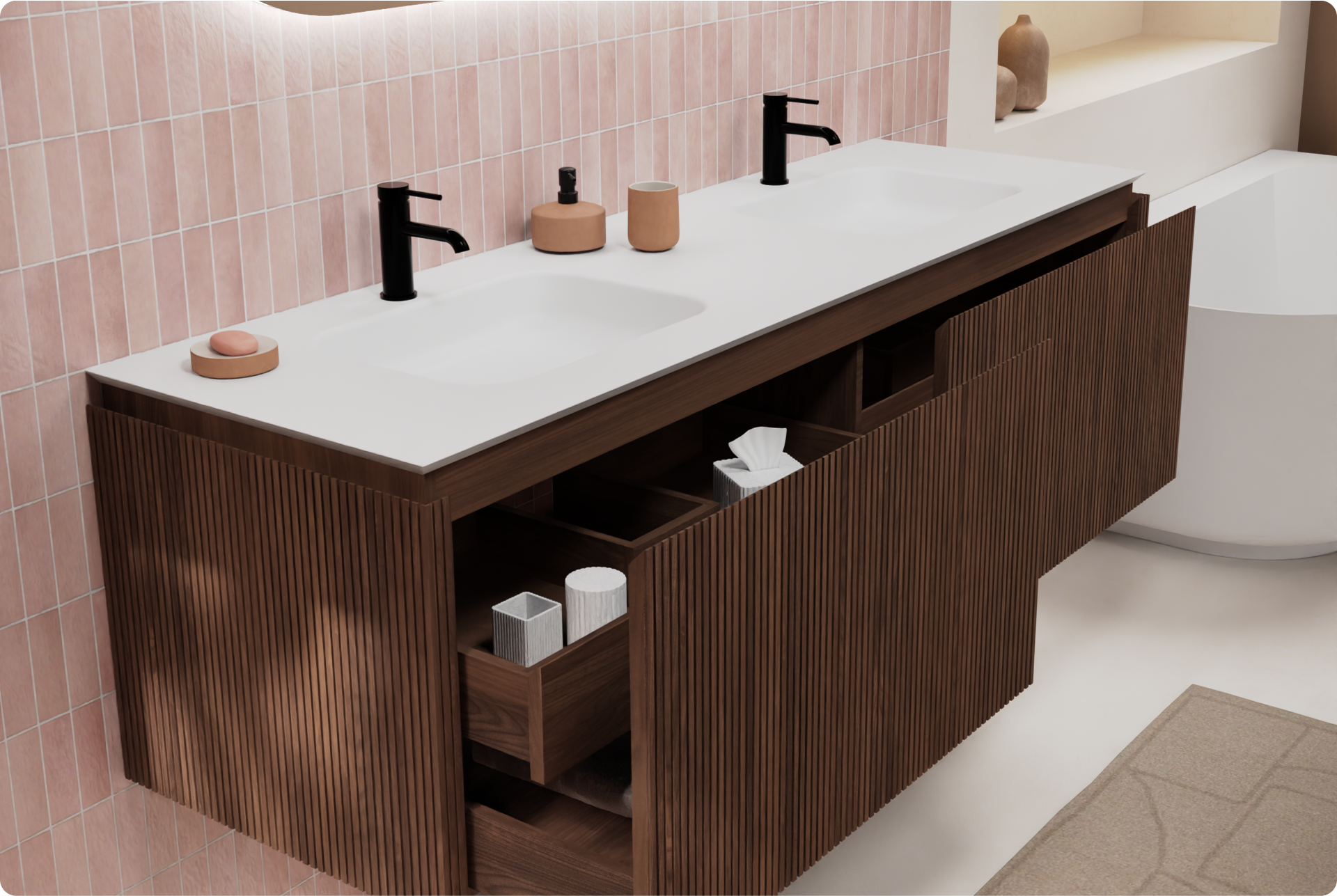 Badezimmer im Pastellstil mit rosa Fliesen, dunklem Holz-Möbel, schwarzen Armaturen und integriertem Doppelwaschbecken. Sanftes Design von x²o badkamers.