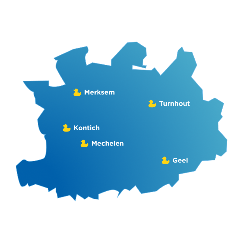 Blauwe kaart van de provincie Antwerpen met x²o badkamers showrooms aangeduid in Merksem, Kontich, Mechelen, Turnhout en Geel.