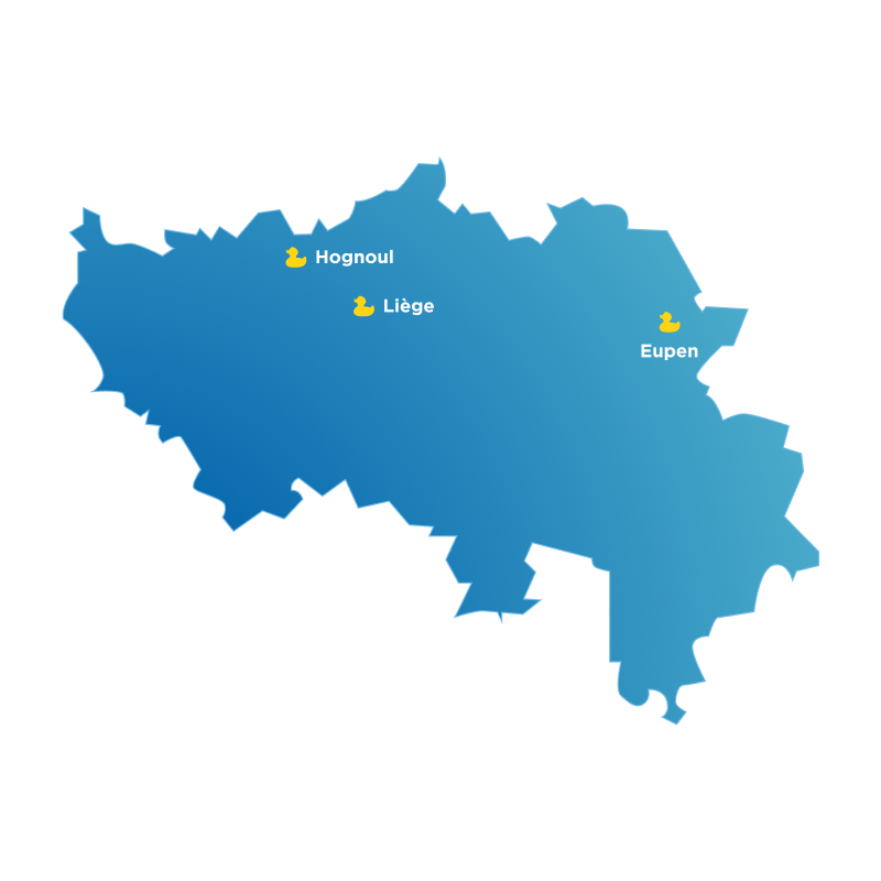 Carte bleue de la province de Liège avec les showrooms x²o salles de bains à Hognoul, Liège et Verviers.