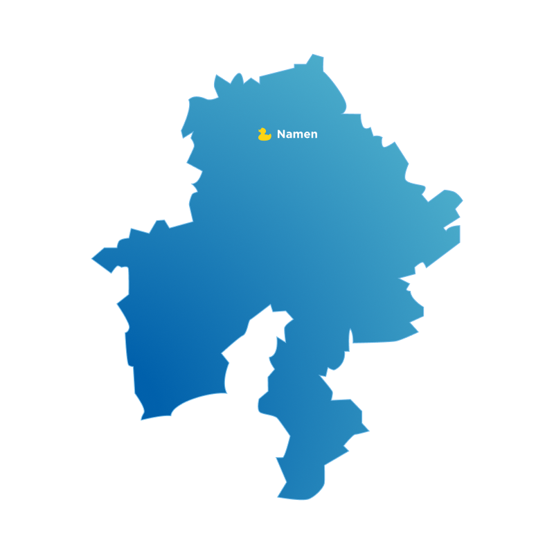 Blauwe kaart van de provincie Namen met x²o badkamers showroom aangeduid in Namen.