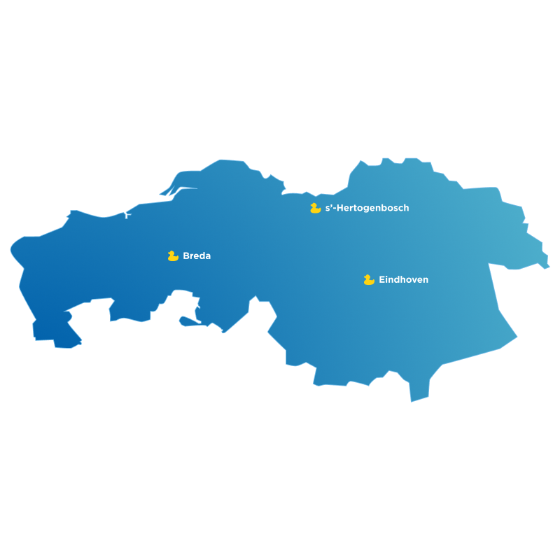 Blauwe kaart van Noord-Brabant met x²o badkamers showrooms aangeduid in Breda en Eindhoven.