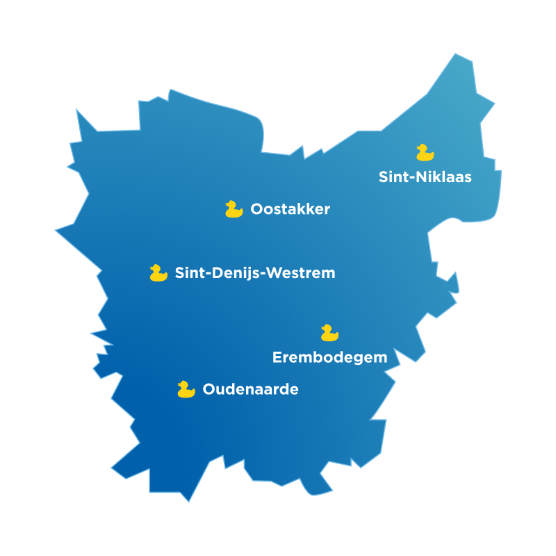 Blauwe kaart van Oost-Vlaanderen met x²o badkamers showrooms aangeduid in Sint-Niklaas, Sint-Denijs-Westrem, Erembodegem en Oudenaarde.