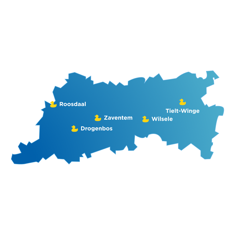 Blauwe kaart van Vlaams-Brabant met x²o badkamers showrooms aangeduid in Roosdaal, Drogenbos, Zaventem, Tielt-Winge en Wilsele.