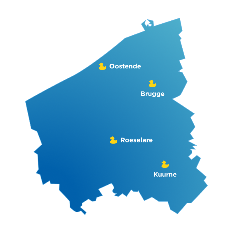 Carte bleue de la Flandre-Occidentale avec les showrooms x²o salles de bains à Ostende, Bruges, Roulers et Courtrai-Kuurne.
