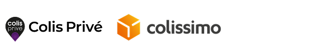 Une image sur fond sombre présentant les logos de Colissimo et Colis Privé. Ces logos montrent les partenaires logistiques utilisés par x²o salles de bains pour les livraisons en France.