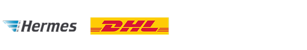 Du siehst die Logos von Hermes und DHL auf dunklem Hintergrund. Das Bild zeigt die Versandpartner von x²o Badezimmer für Lieferungen nach Deutschland.
