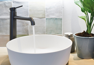 Robinet noir de lavabo de X2O salles de bains avec vasque blanche et plante sur plan en bois, parfait pour les offres robinet Black Friday.	