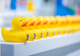 Rangée de canards jaunes avec logo X2O sur comptoir de magasin