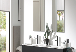 Twee rechthoekige spiegels aan de wand boven een modern badkamermeubel met een cactusplant, natuurlijk licht en een strak interieur – pure eenvoud van X²O badkamers.