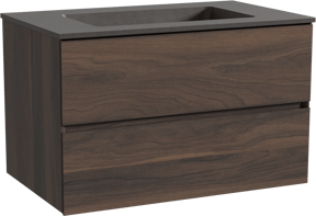 Storke Edge zwevend badkamermeubel 85 x 52 cm notelaar met Scuro enkele wastafel in kwarts mat zwart
