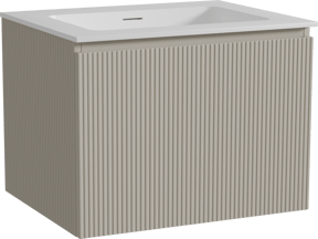 Storke Ribs zwevend badkamermeubel 65 x 52 cm zijdegrijs met Mata enkele wastafel in solid surface mat wit, Verticale symmetrische rechte ribbel