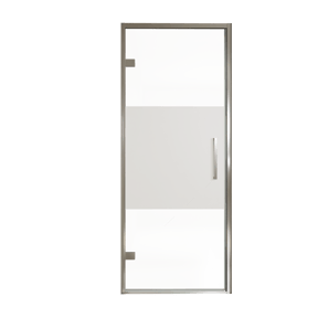 Balmani Senses Design Dusche Drehtür, Links, 90 cm x 210 cm, Klarglas mit mattiertem Streifen, Profil Chrom, inklusive Coating
