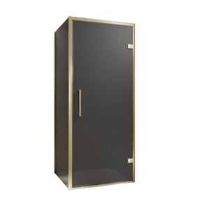 Balmani Senses Design douchehoek met rechtse draaideur en vaste zijwand, 90 x 90 cm, Rookglas, Brushed Champagne Gold profielen