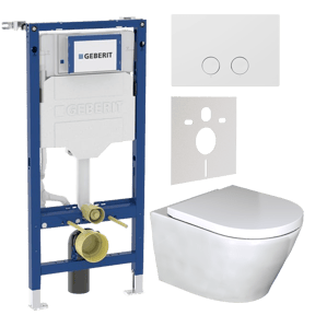 WC Set: Luca Varess Calibro Hänge WC, Weiß glänzend, spülrandlos, Geberit UP320 Systemfix Einbauspülkasten mit Luca Varess Betätigungsplatte