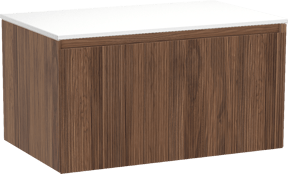 Balmani Fila by Mitra meuble salle de bains suspendu 90 x 55 cm noyer avec Stretto tablette simple en solid surface blanc mat, Nervure droite symétrique verticale