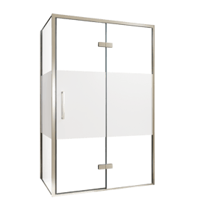 Balmani Senses Design douche en coin avec porte pivotante à droite et paroi latérale fixe, 120 x 90 cm, Verre transparent avec bande matte, Profil Brushed CoolMetal