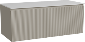 Storke Ribs hängendes Möbelstück Set: 120 x 52 cm, Seidengrau, mit Tavola Einzel- oder Doppel Waschtischplatte, Solid Surface, Weiß matt, Vertikale symmetrische gerade Rippe