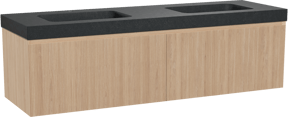 Balmani Fila by Mitra zwevend badmeubel 180 x 55 cm naturel eiken met Napoli dubbele wastafel in zwart graniet, Verticale symmetrische rechte ribbel