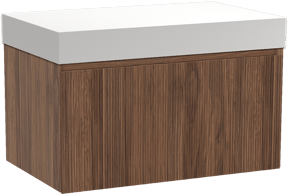 Balmani Fila by Mitra meuble salle de bains suspendu 90 x 55 cm noyer avec Dominus tablette simple en solid surface blanc mat, Nervure droite symétrique verticale