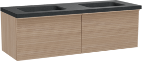 Balmani Forma hängendes Möbelstück Set: 150 x 55 cm, Naturbelassene Eiche, mit Napoli Doppelwaschtisch, Granit, Schwarzes Granit, Horizontale symmetrische gerade Rippe
