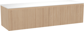 Balmani Fila by Mitra hängendes Möbelstück Set: 180 x 55 cm, Naturbelassene Eiche, mit Stretto Einzel- oder Doppel Waschtischplatte, Solid Surface, Weiß matt, Vertikale symmetrische gerade Rippe