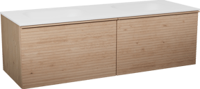 Balmani Forma zwevend badkamermeubel 150 x 55 cm natuur eik met Tablo Arcato dubbele wastafel in solid surface mat wit, Horizontale symmetrische rechte ribbel
