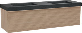Balmani Forma zwevend badmeubel 180 x 55 cm naturel eiken met Napoli dubbele wastafel in zwart graniet, Horizontale symmetrische rechte ribbel