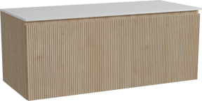 Storke Ribs zwevend badkamermeubel 120 x 52 cm ruwe eik met Tavola enkel of dubbel tablet in solid surface mat wit, Verticale symmetrische rechte ribbel