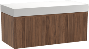 Balmani Fila by Mitra meuble salle de bains suspendu 120 x 55 cm noyer avec Dominus tablette simple ou double en solid surface blanc mat, Nervure droite symétrique verticale